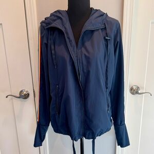 Zyia Nylon Jacket with Hood, EUC, M, Navy with colored stripes on sleeves